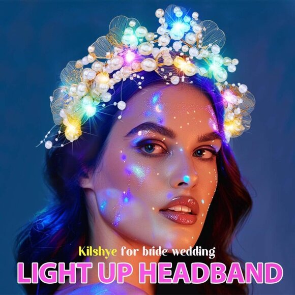 Light Up Pearl Wedding Crowns and Tiaras Gold Flower Bridal Headband Prom Headpi - Picture 3 of 7